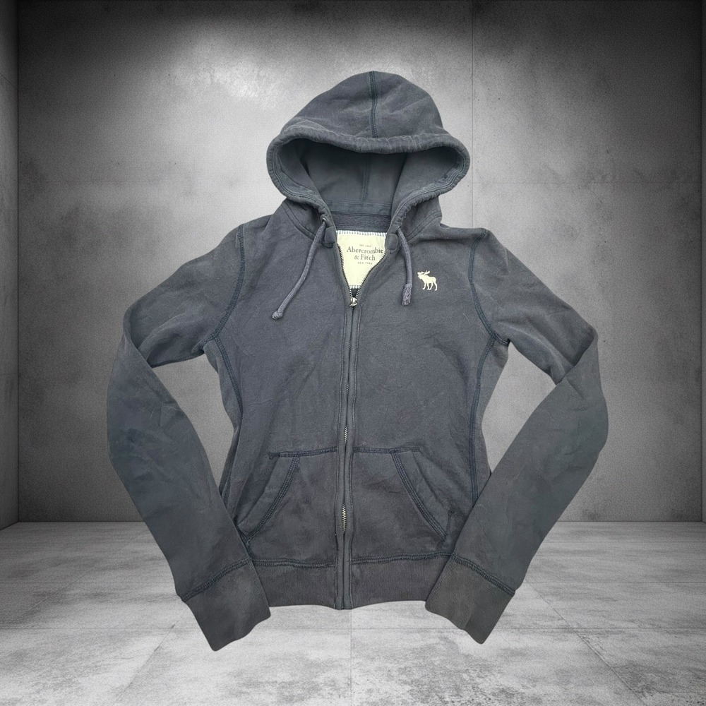 Vintage Y2K Abercrombie & Fitch Full Zip Hoodie Navy Blue Moose Logo Size M